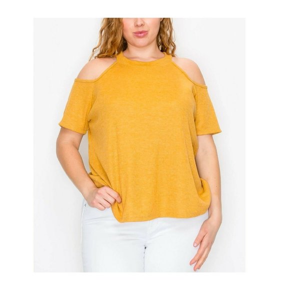 Coin 1804 Womens Plus 3X Mustard Yellow Thermal Cold Shoulder Tee Top Retag CH70 - Picture 1 of 6